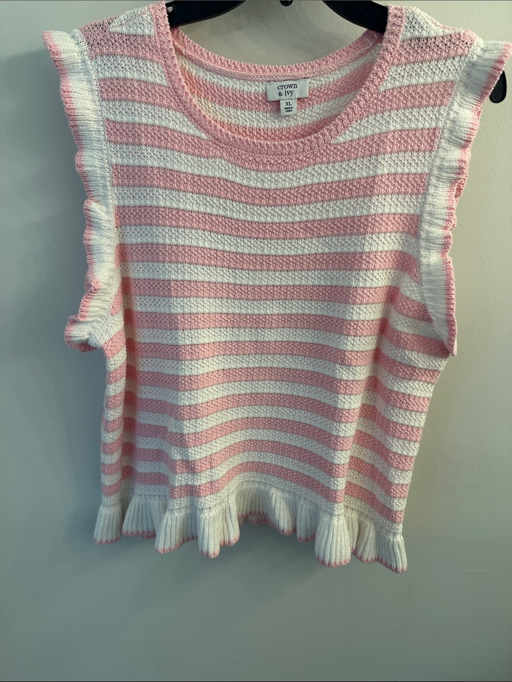 crown & ivy Pink and White Striped Ruffle Sleeve Knit Tank 100% Cotton SZ XL